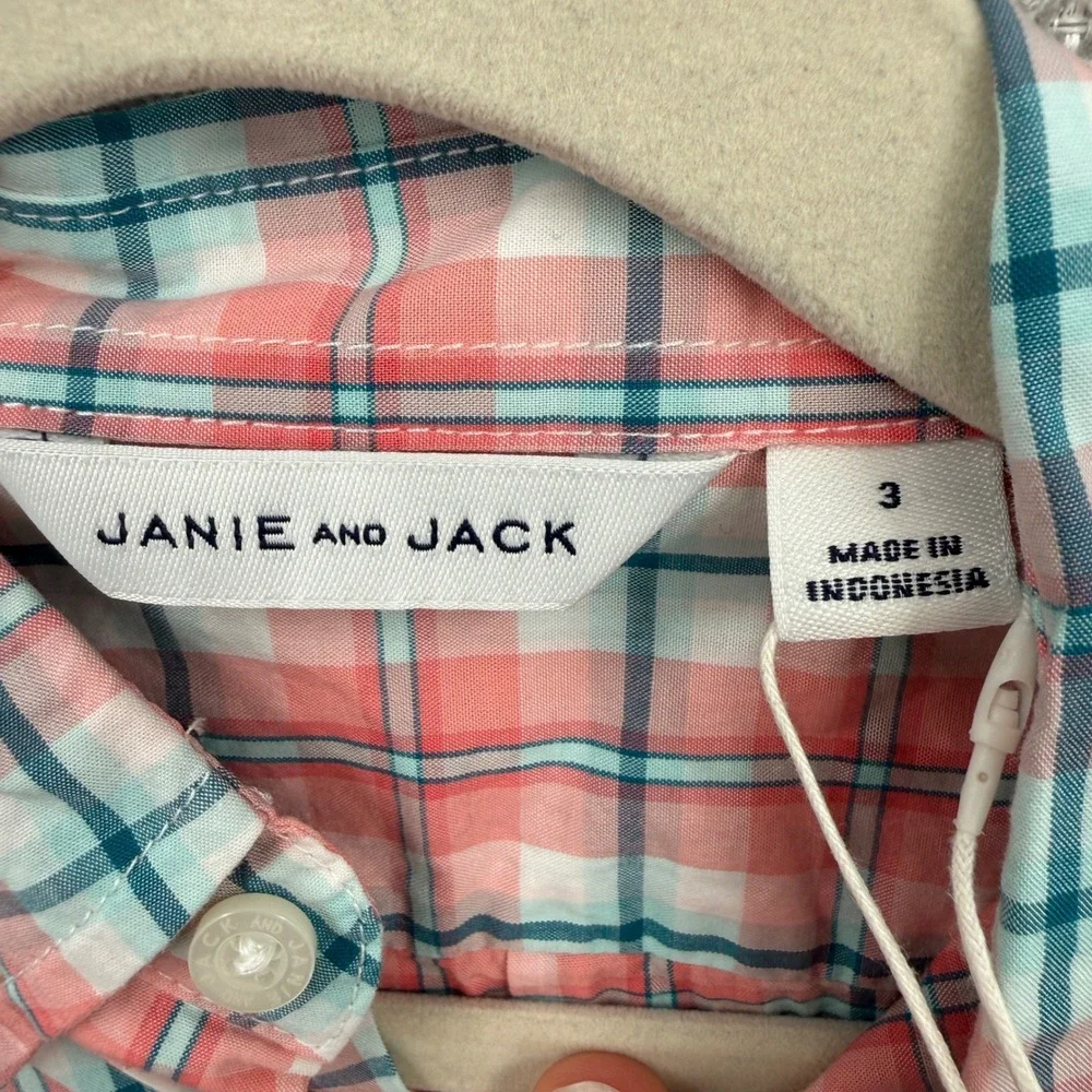 Janie and Jack Plaid Button‎ Down Shirt Coral Teal White Kids Boys Size 3